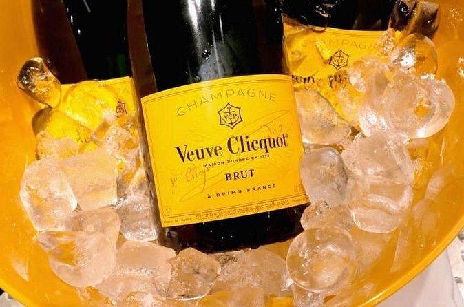 A bottle of Veuve Clicquot Brut in a bucket of ice